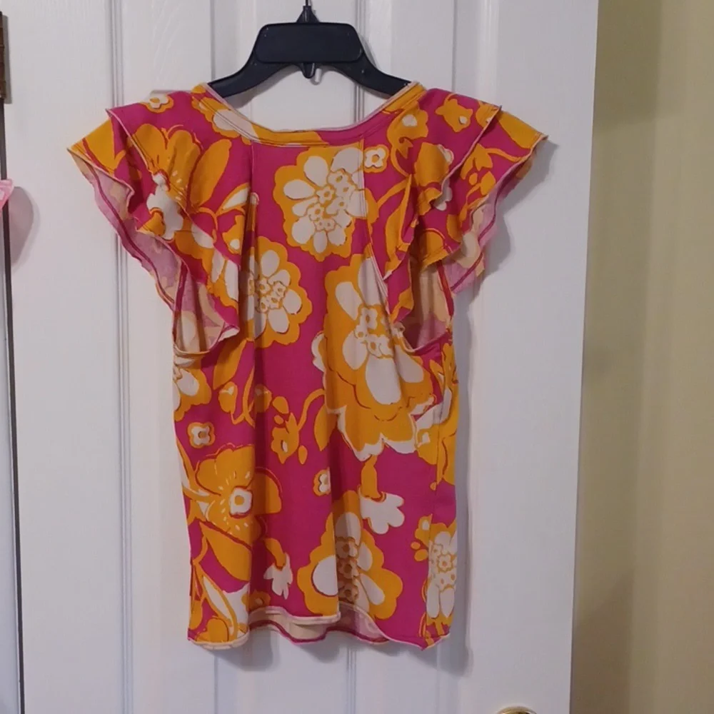 Maeve By Anthropology Sz XS, Pink and Orange Floral Top With Flutter Sleeves_4